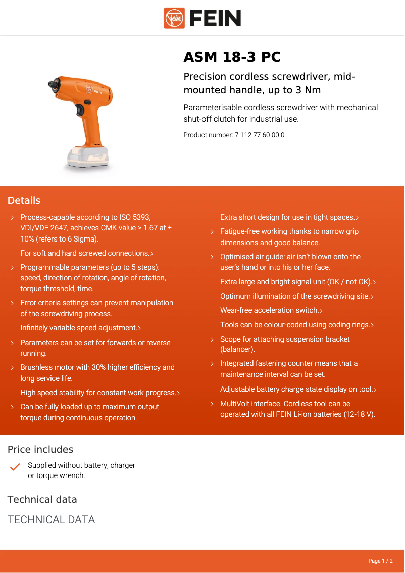 Page n°1 - Fiche technique Fein ASM 18-3 PC