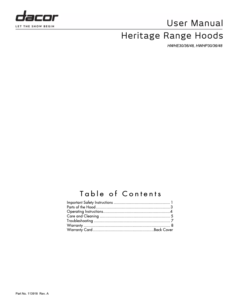 Page n°1 - Manuel utilisateur Dacor HWHE3018S