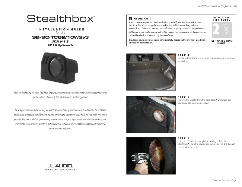 Page 1 de la notice Manuel utilisateur JL Audio Stealthbox SB-SC-TCG2/10W3v3