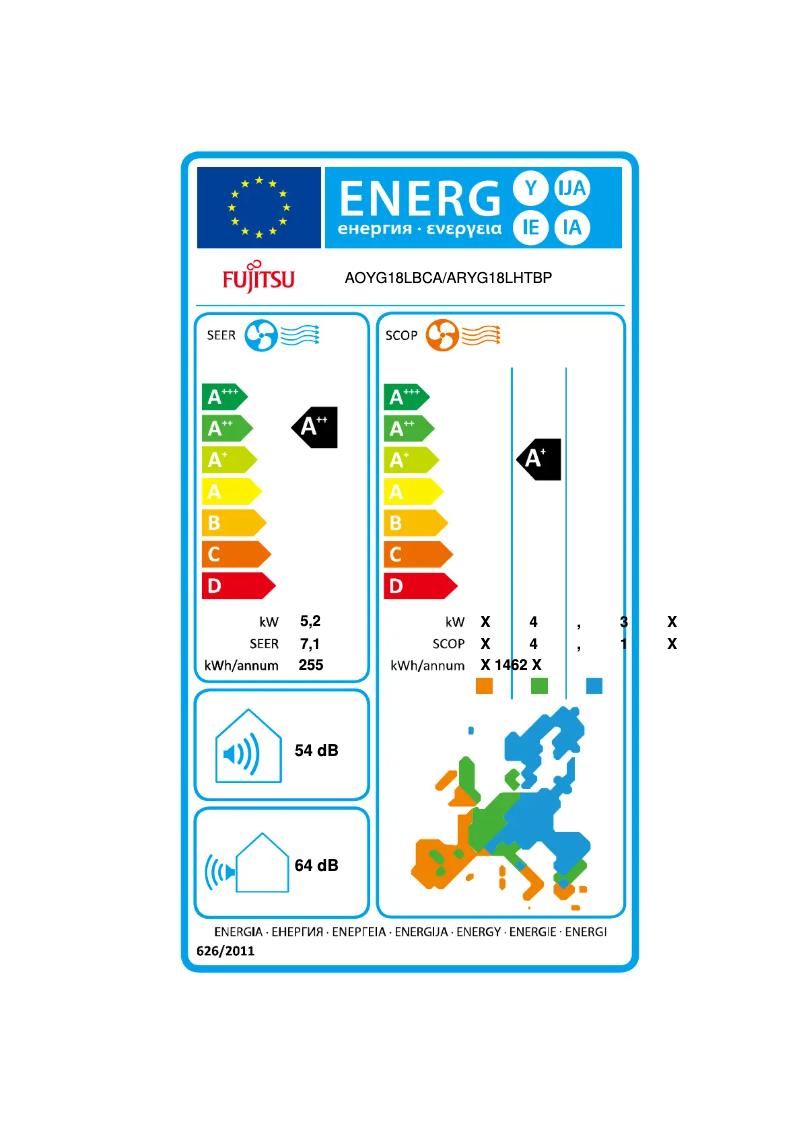 Page 1 de la notice Label énergétique Fujitsu ARYG18LHTBP