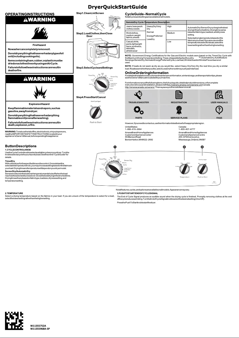 Page 1 of the manual Quick Start Guide Amana NED4655EW