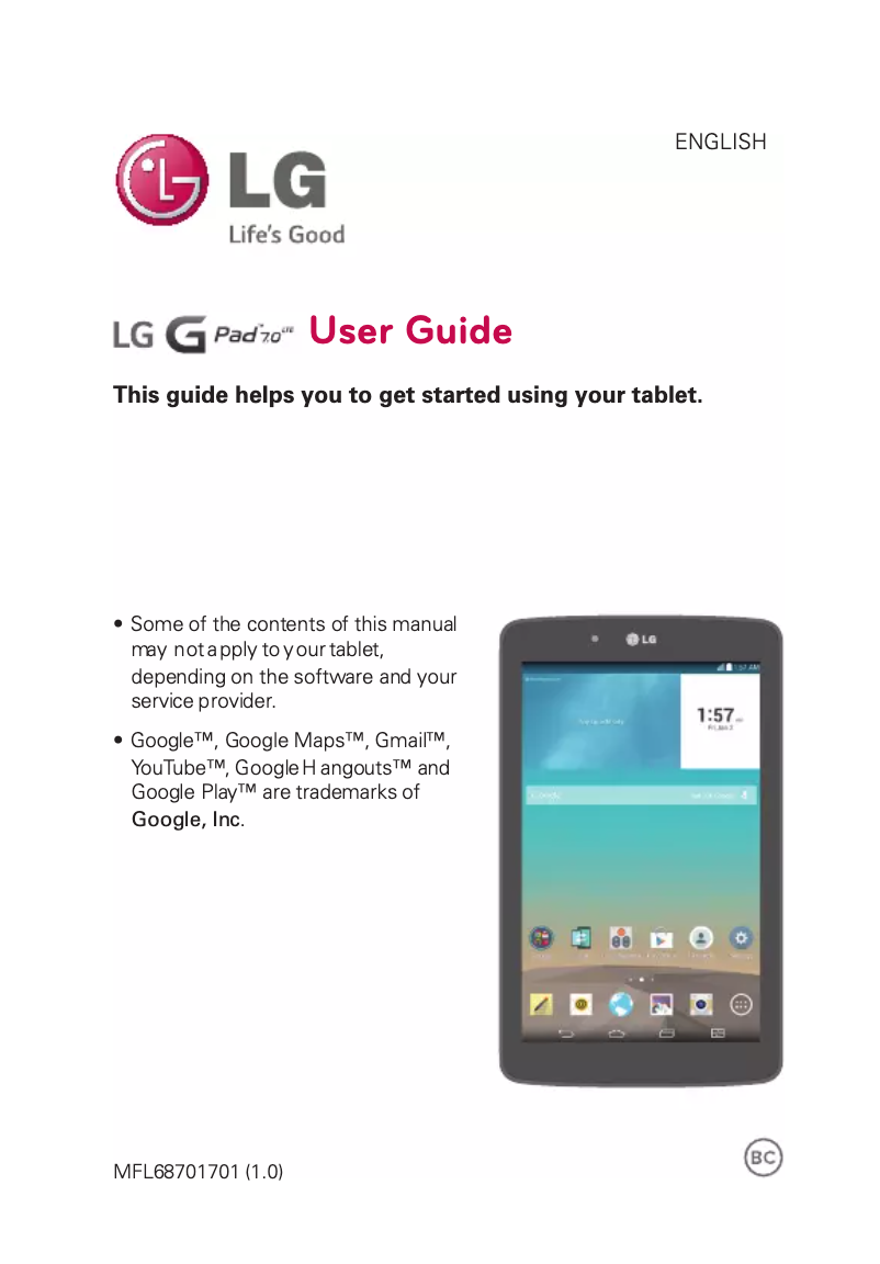 Imagen de la primera página del manual del dispositivo G Pad 7.0 LTE
