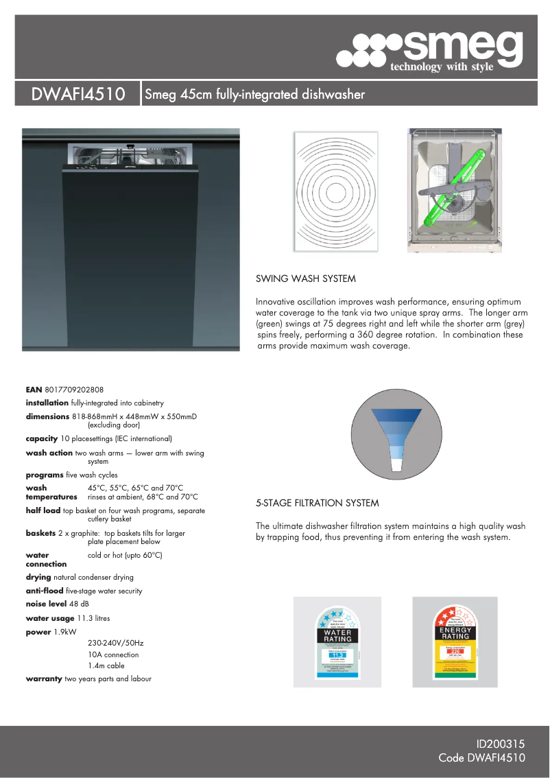 Page 1 de la notice Fiche technique Smeg DWAFI4510