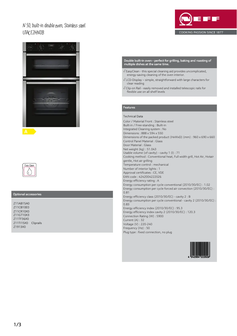 Page n°1 - Fiche technique Neff U1ACE2HN0B
