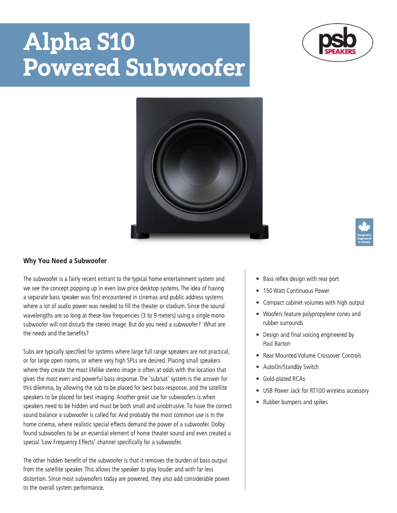Page 1 de la notice Fiche technique PSB Alpha S10