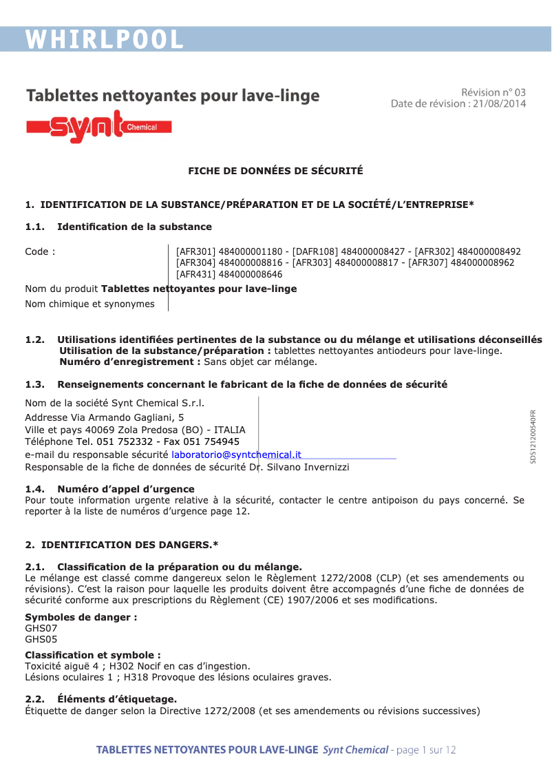 Page 1 de la notice Manuel utilisateur Bauknecht AFR301
