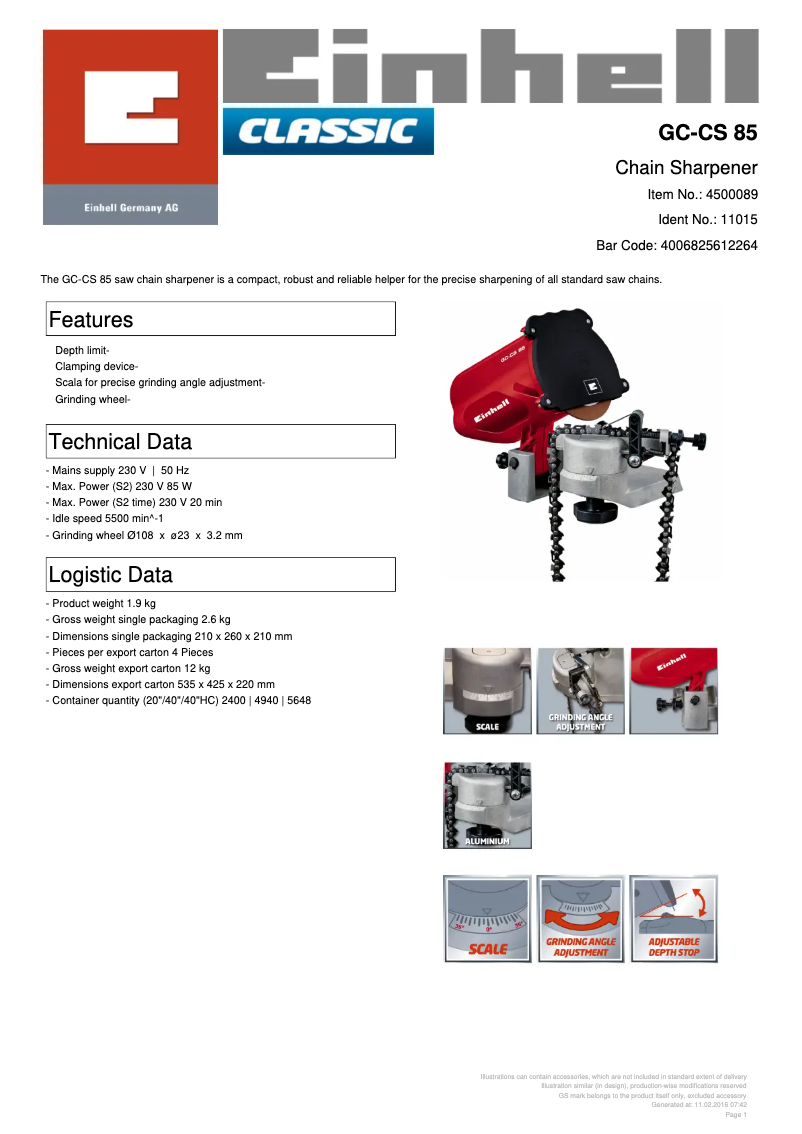 Page 1 de la notice Fiche technique Einhell GC-CS 85