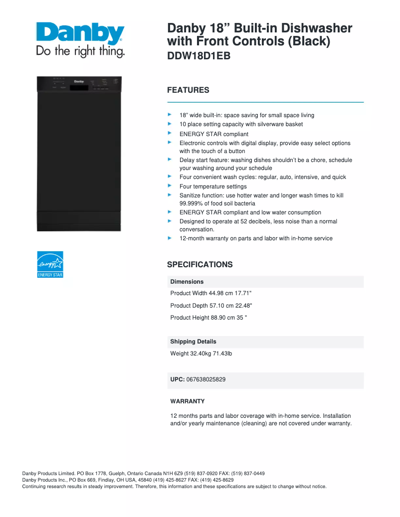 Página 1 del manual Ficha técnica Danby DDW18D1EB