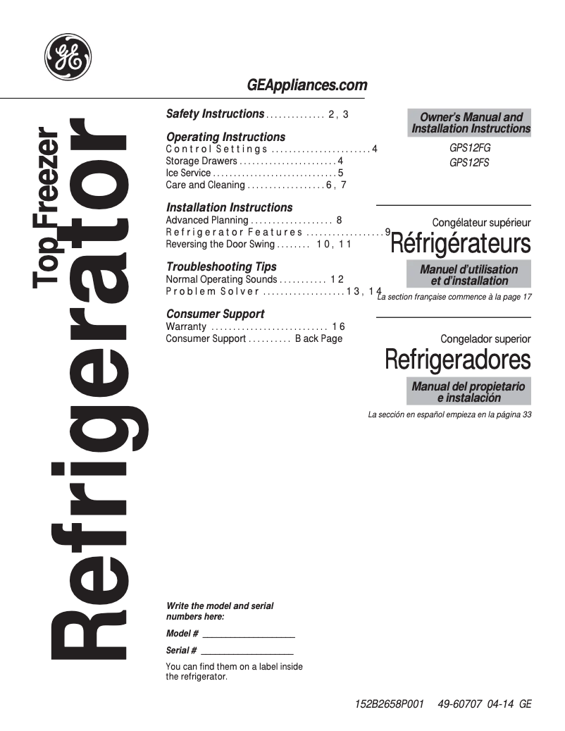 Page 1 de la notice Mode d'emploi GE GPS12FSHSB