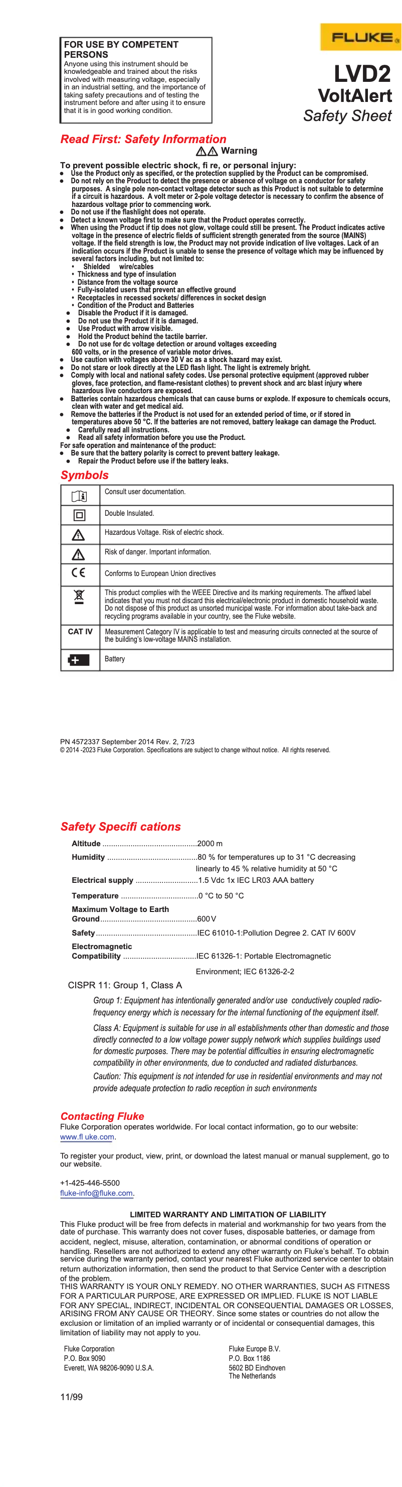 Page 1 de la notice Manuel utilisateur Fluke LVD2