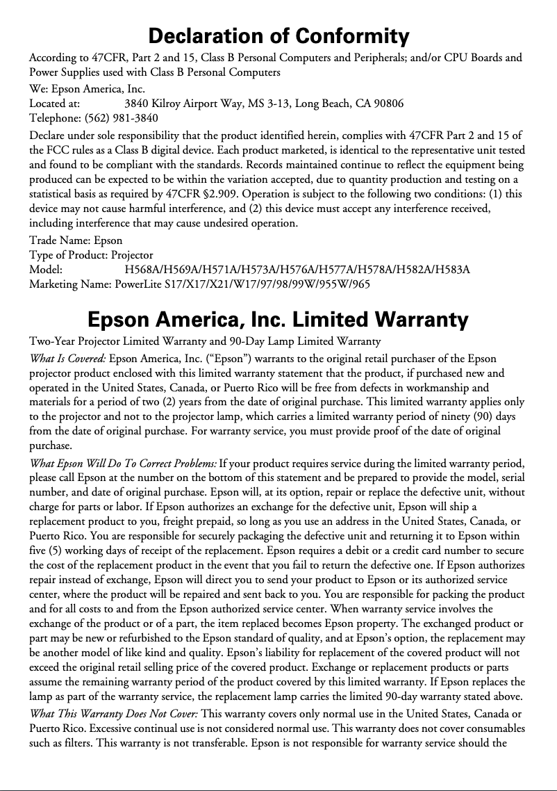 Page 1 de la notice Informations de garantie Epson PowerLite 97