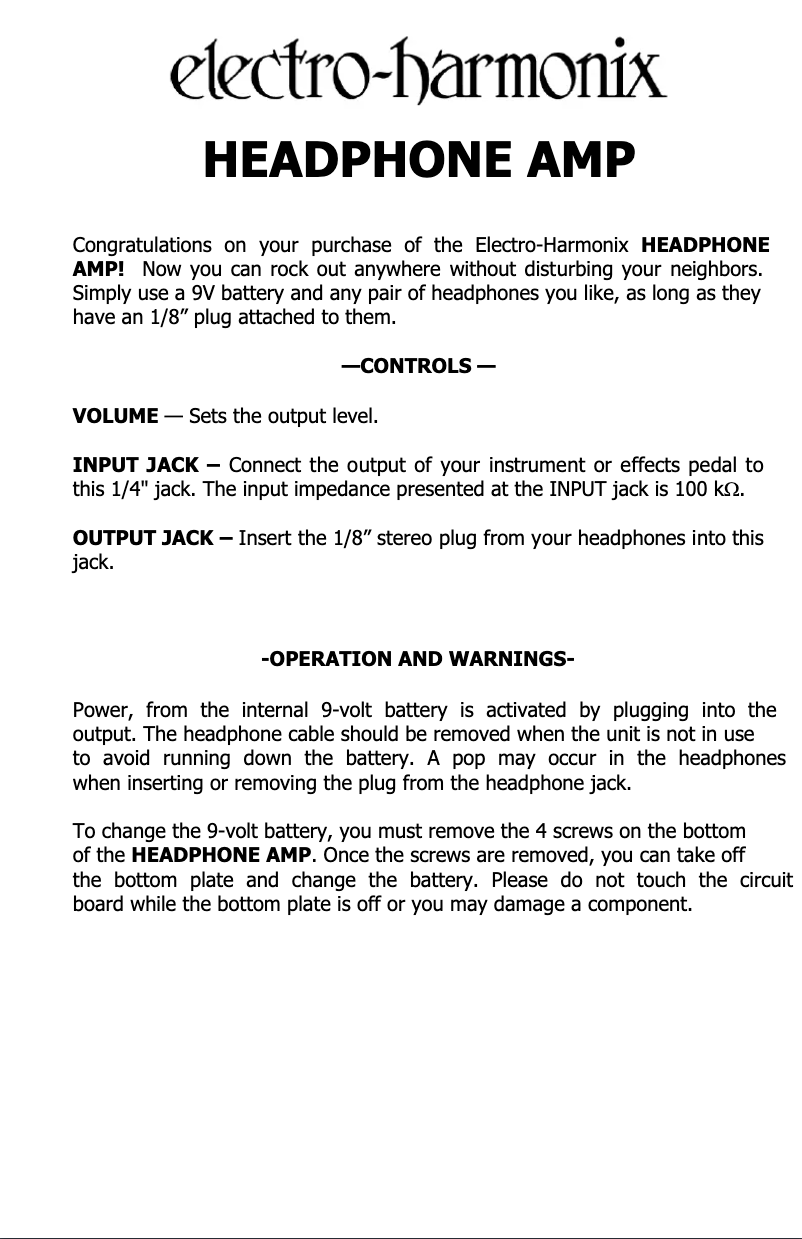 Page n°1 - Manuel utilisateur Electro Harmonix Headphone Amp