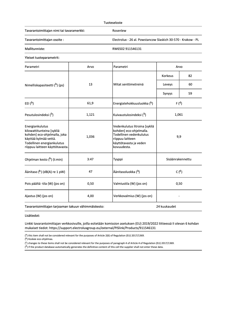 Page 1 de la notice Fiche technique Rosenlew RW6502