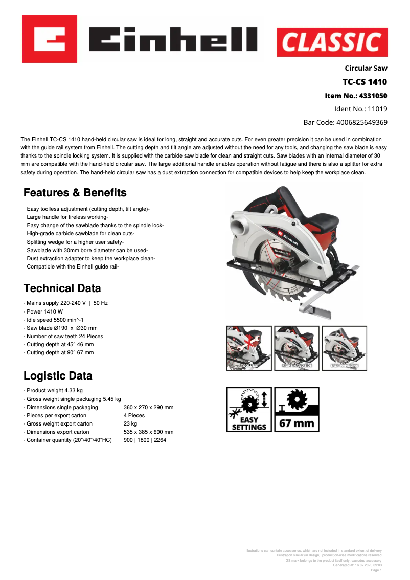Página 1 del manual Ficha técnica Einhell TC-CS 1410