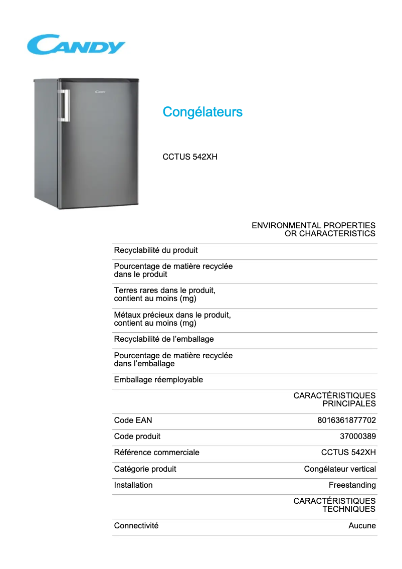 Page 1 de la notice Fiche technique Candy CCTUS 542XH