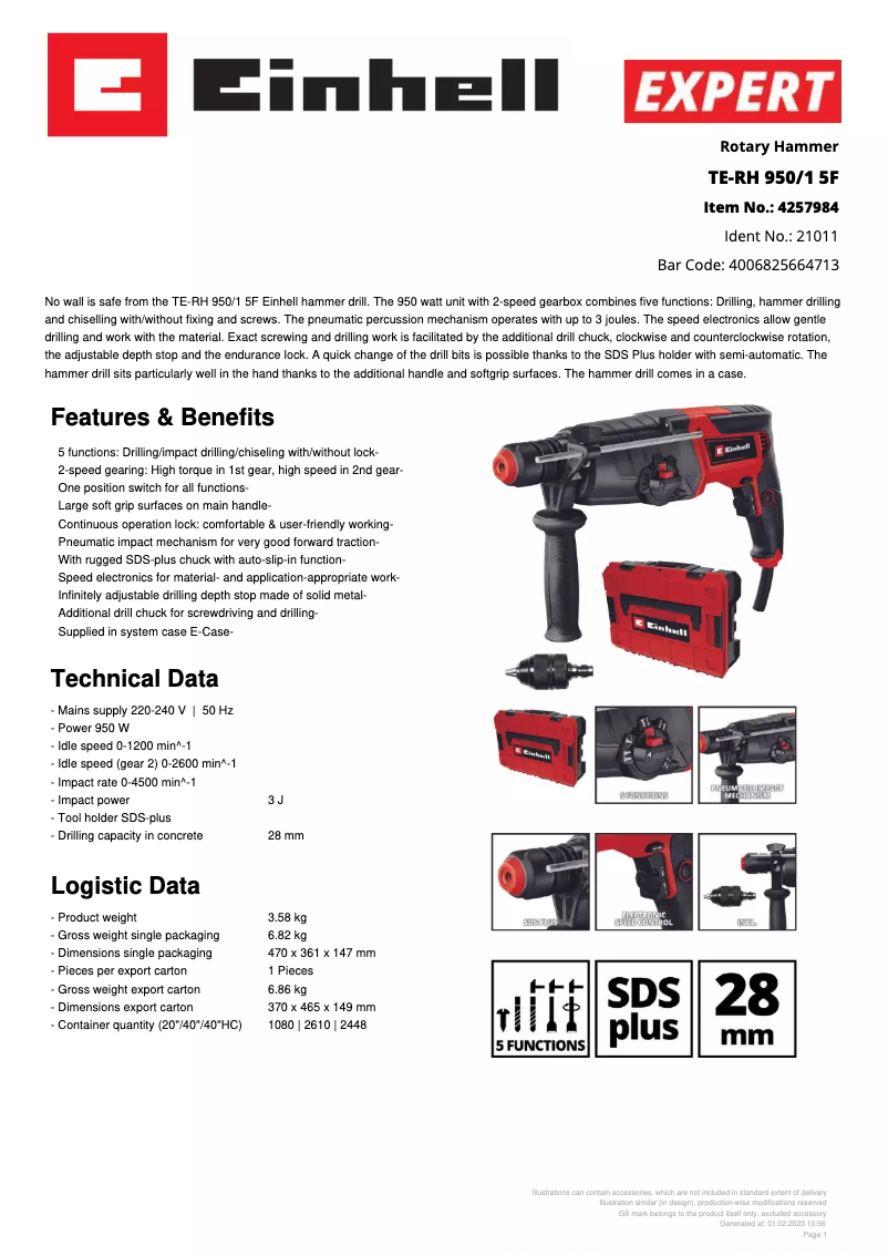 Page n°1 - Fiche technique Einhell TE-RH 950/1 5F