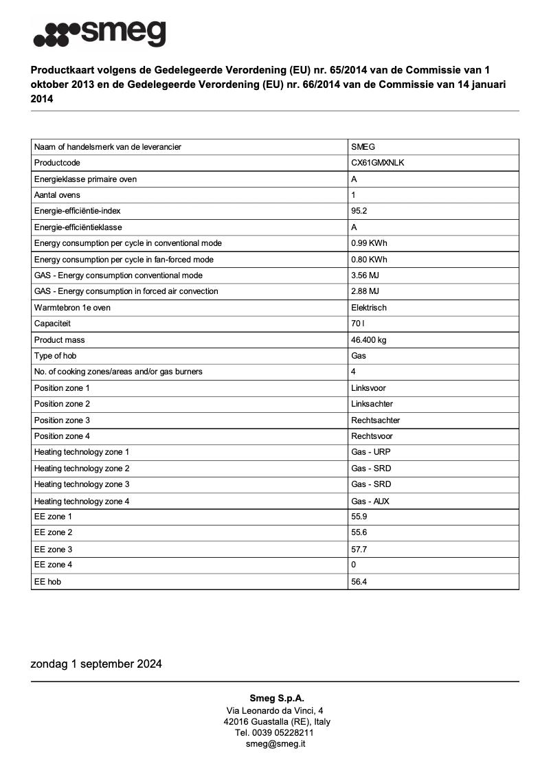 Page 1 de la notice Fiche technique Smeg CX61GMXNLK
