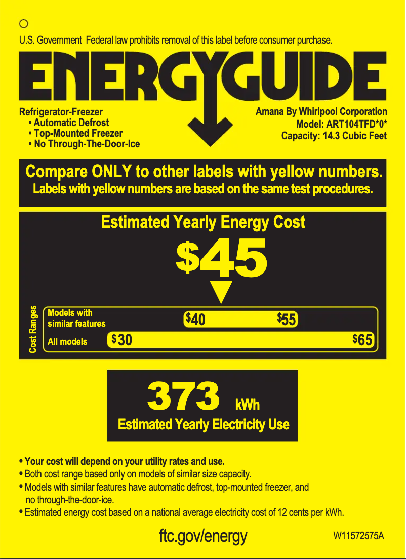 Page 1 de la notice Label énergétique Amana ART104TFDB
