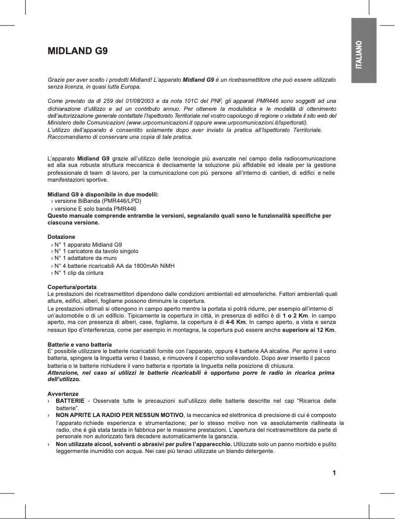 Page 1 de la notice Manuel utilisateur Midland G9
