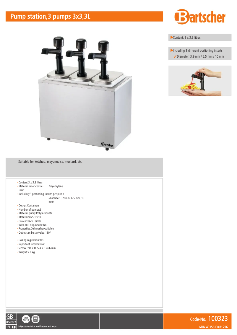 Page 1 de la notice Fiche technique Bartscher 100323