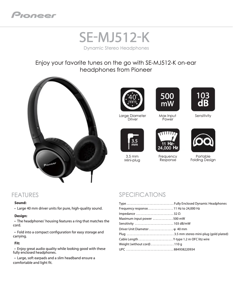 Page 1 de la notice Manuel utilisateur Pioneer SE-MJ512