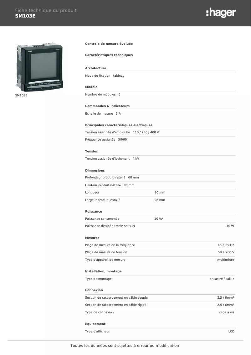 Page 1 de la notice Fiche technique Hager SM103E