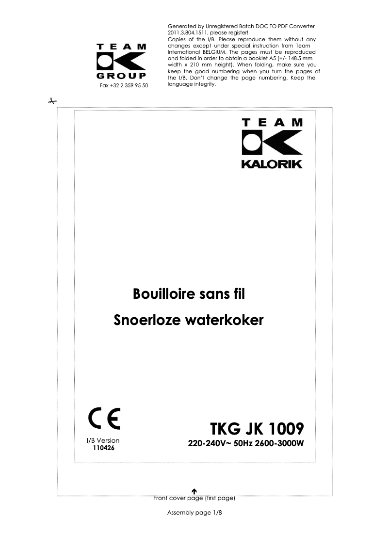 Page 1 of the manual User Manual Kalorik TKG JK 1009