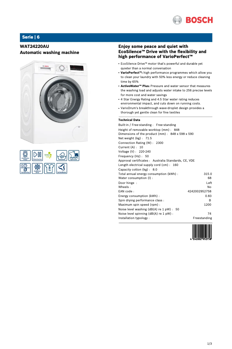 Image de la première page du manuel de l'appareil WAT24220AU