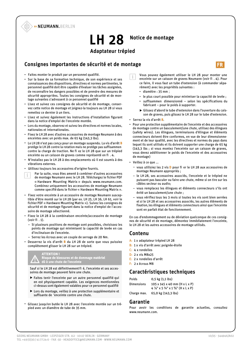 Page 1 de la notice Guide de démarrage rapide Neumann LH 28