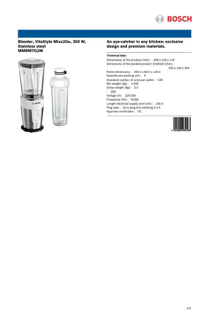 Page 1 de la notice Fiche technique Bosch VitaStyle MMBM7G2M