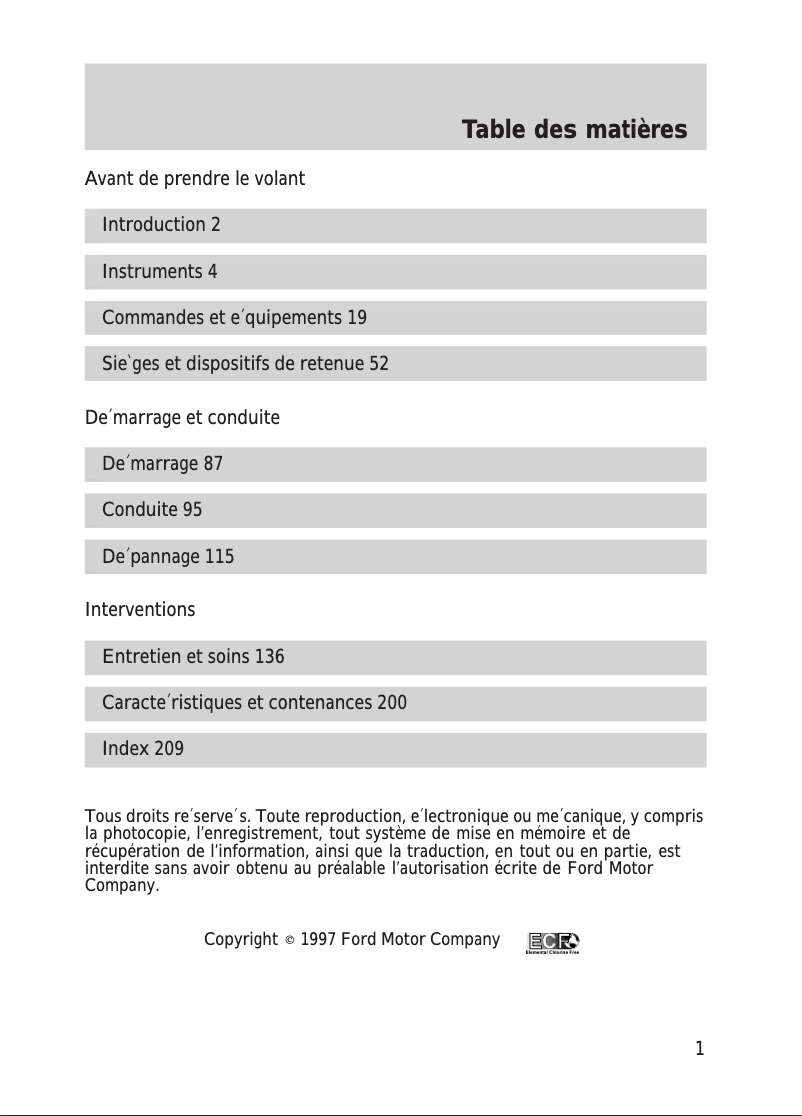 Page 1 de la notice Manuel utilisateur Ford Escort (1998)