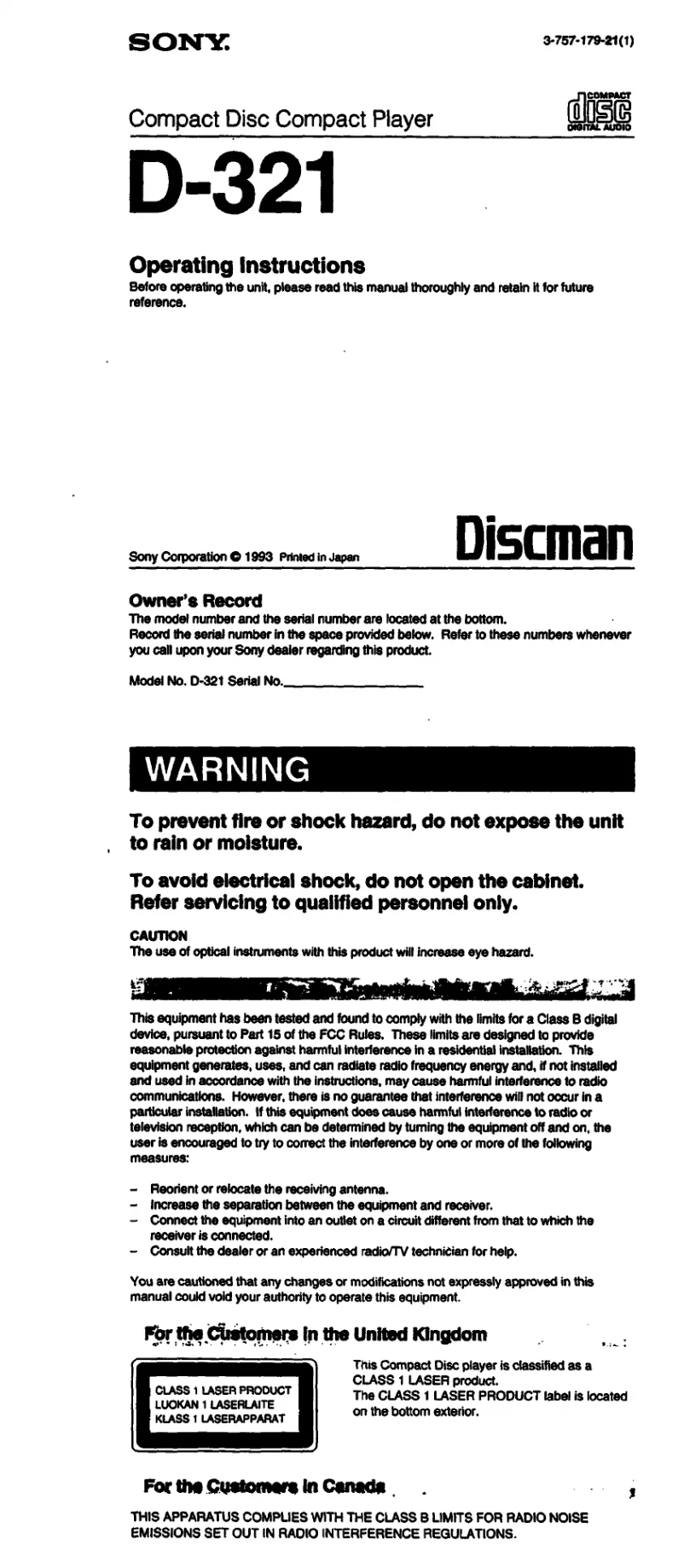 Page 1 de la notice Manuel utilisateur Sony Discman D-321