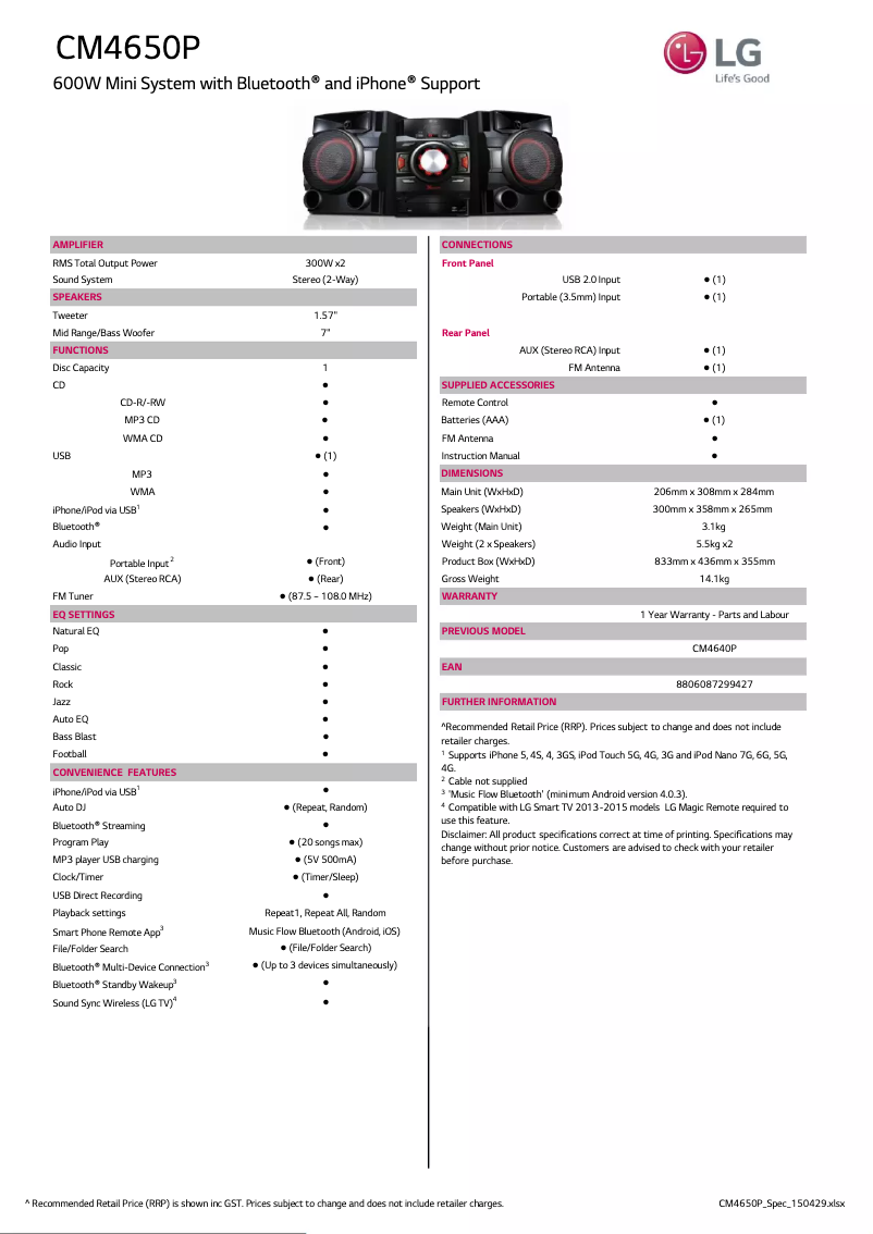 Page 1 de la notice Fiche technique LG CM4650P