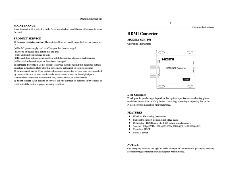 Page n°1 - Manuel utilisateur AVUE SDH-T01