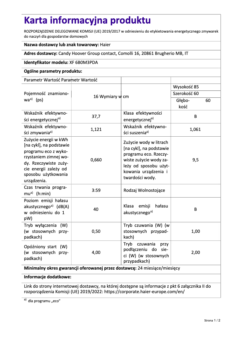 Page 1 de la notice Fiche technique Haier XF 6B0M3PDA
