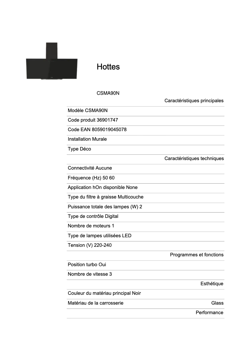 Page 1 de la notice Fiche technique Candy CSMA90N