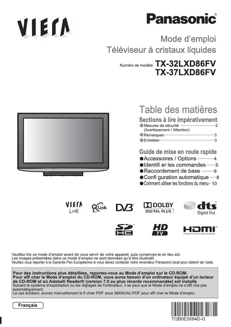 Page 1 de la notice Manuel utilisateur Panasonic Viera TX-32LXD86FV