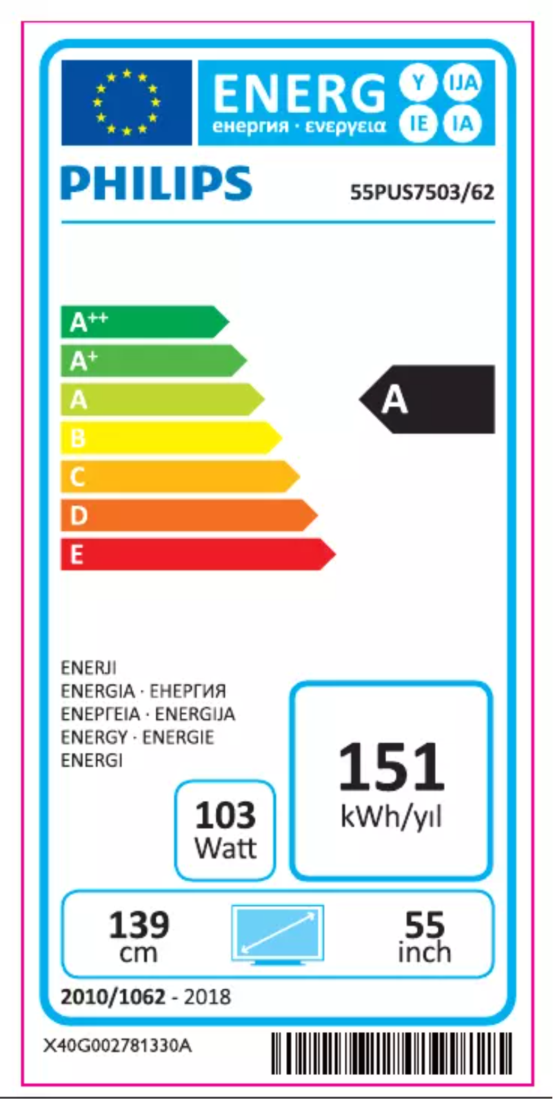 Page 1 de la notice Label énergétique Philips 55PUS7503
