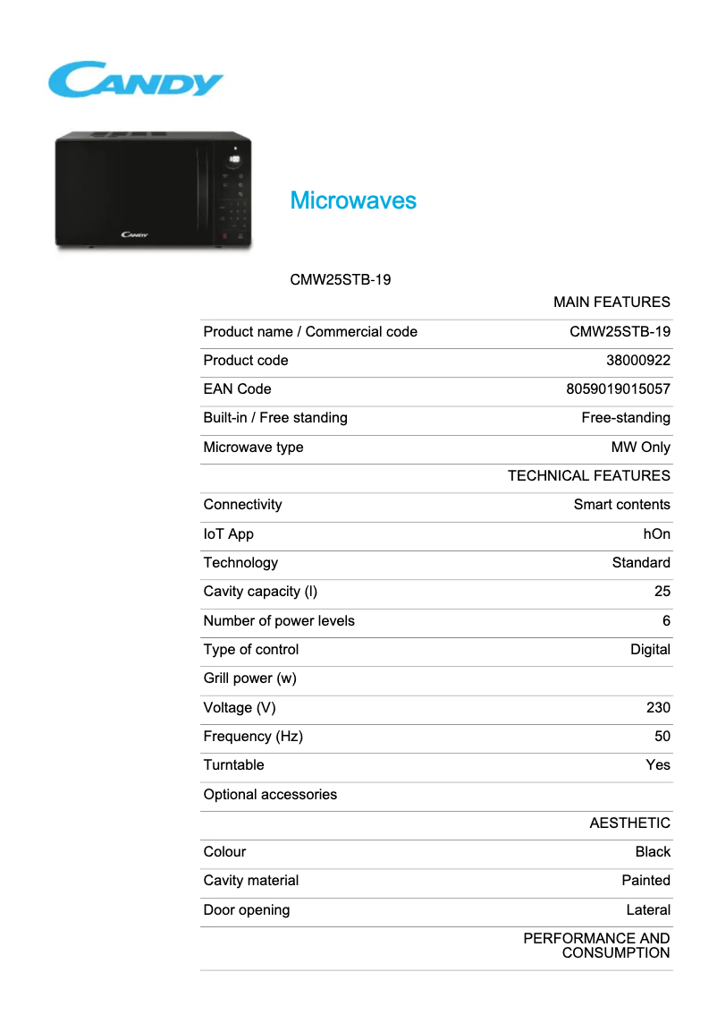 Page 1 de la notice Fiche technique Candy CMW25STB-19