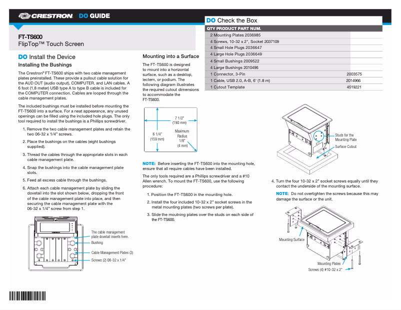 Page 1 de la notice Manuel utilisateur Crestron FT-TS600-B