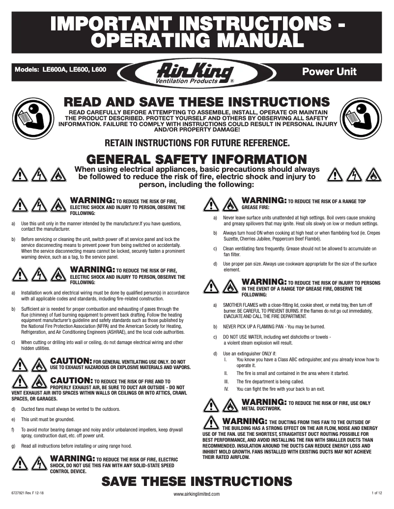 Page 1 de la notice Manuel utilisateur Air King LE600A