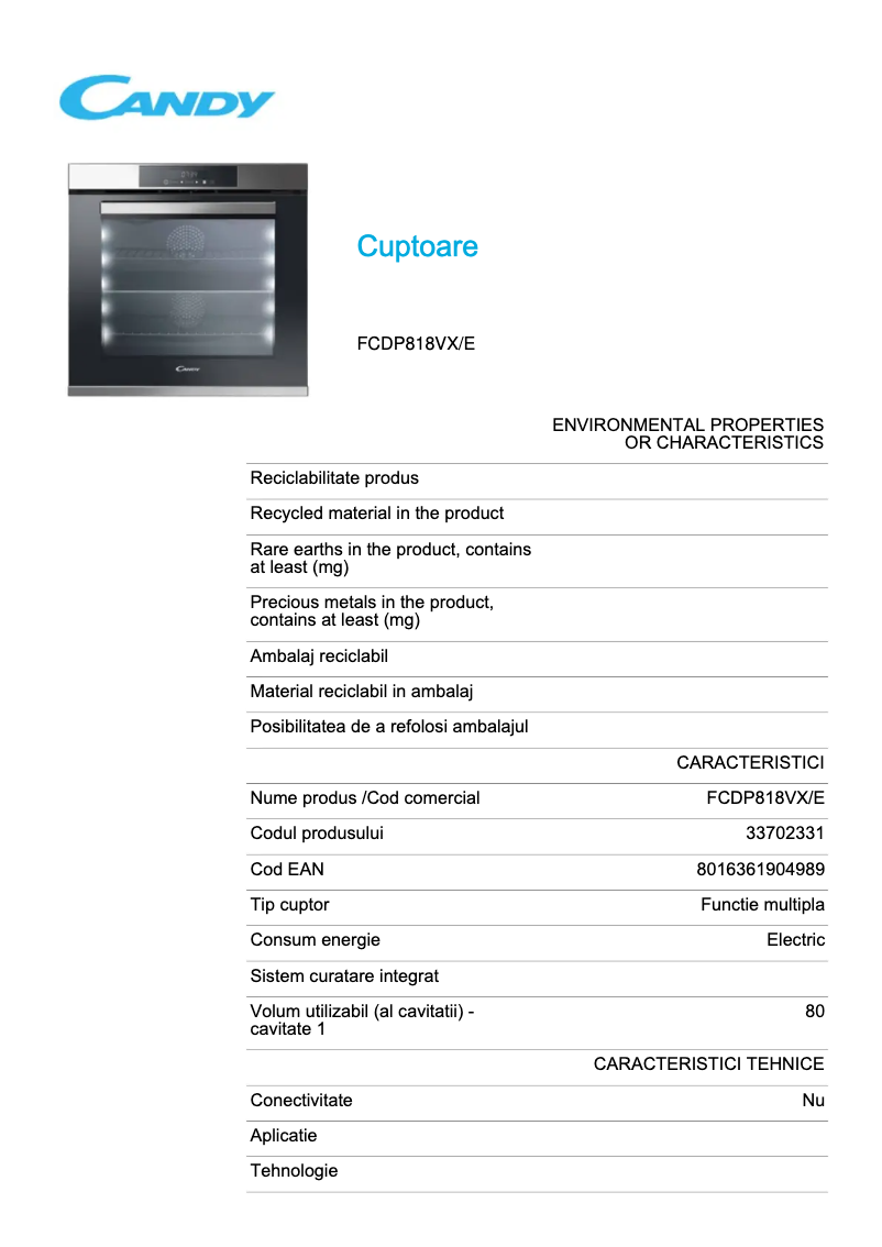 Page n°1 - Fiche technique Candy FCDP818VX/E