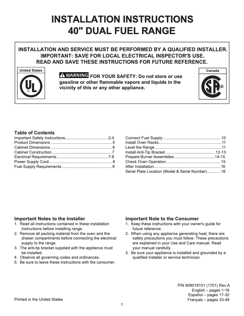 Page n°1 - Guide d'installation Frigidaire FGDF4085TS