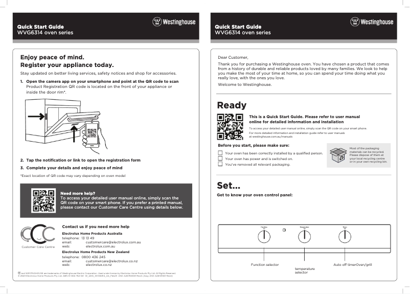 Page 1 de la notice Guide de démarrage rapide Westinghouse WVG6314SD