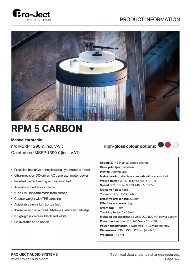 Page n°1 - Fiche technique Pro-Ject RPM 5 Carbon