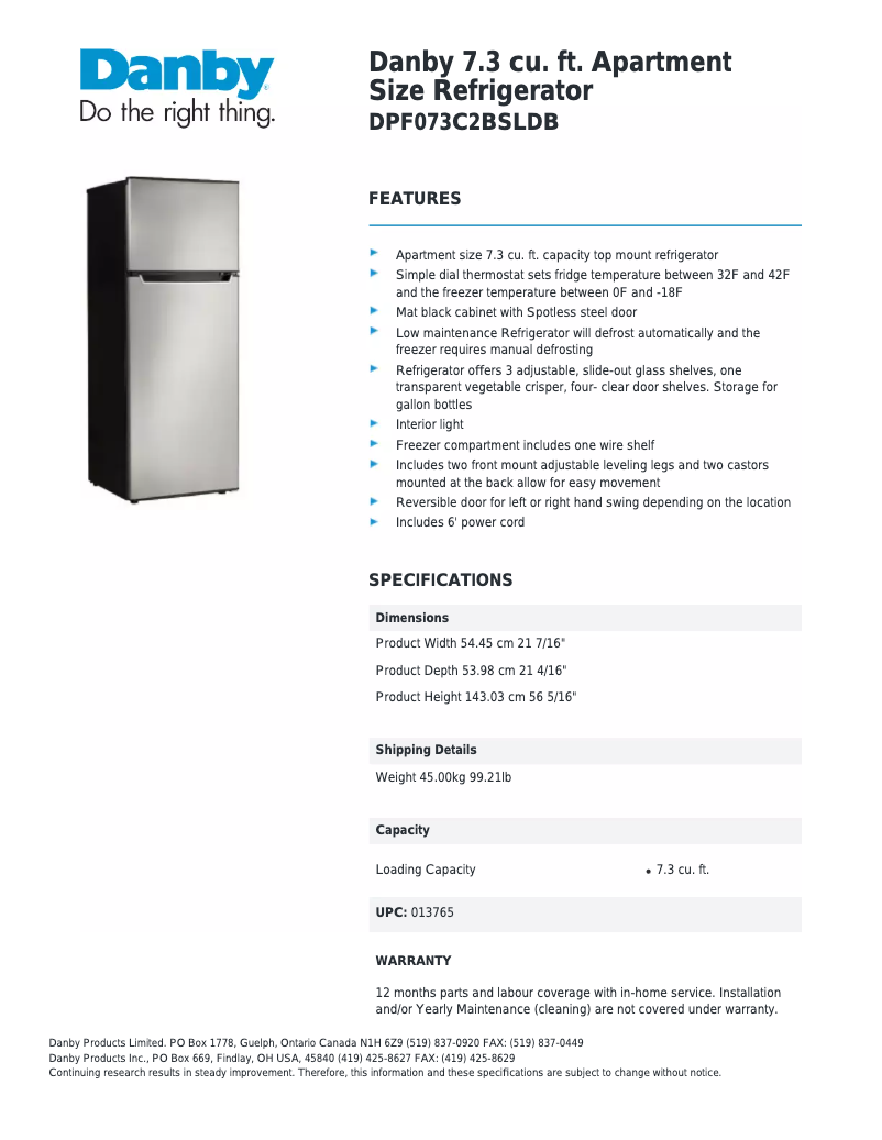 Página 1 del manual Ficha técnica Danby DPF073C2BSLDB