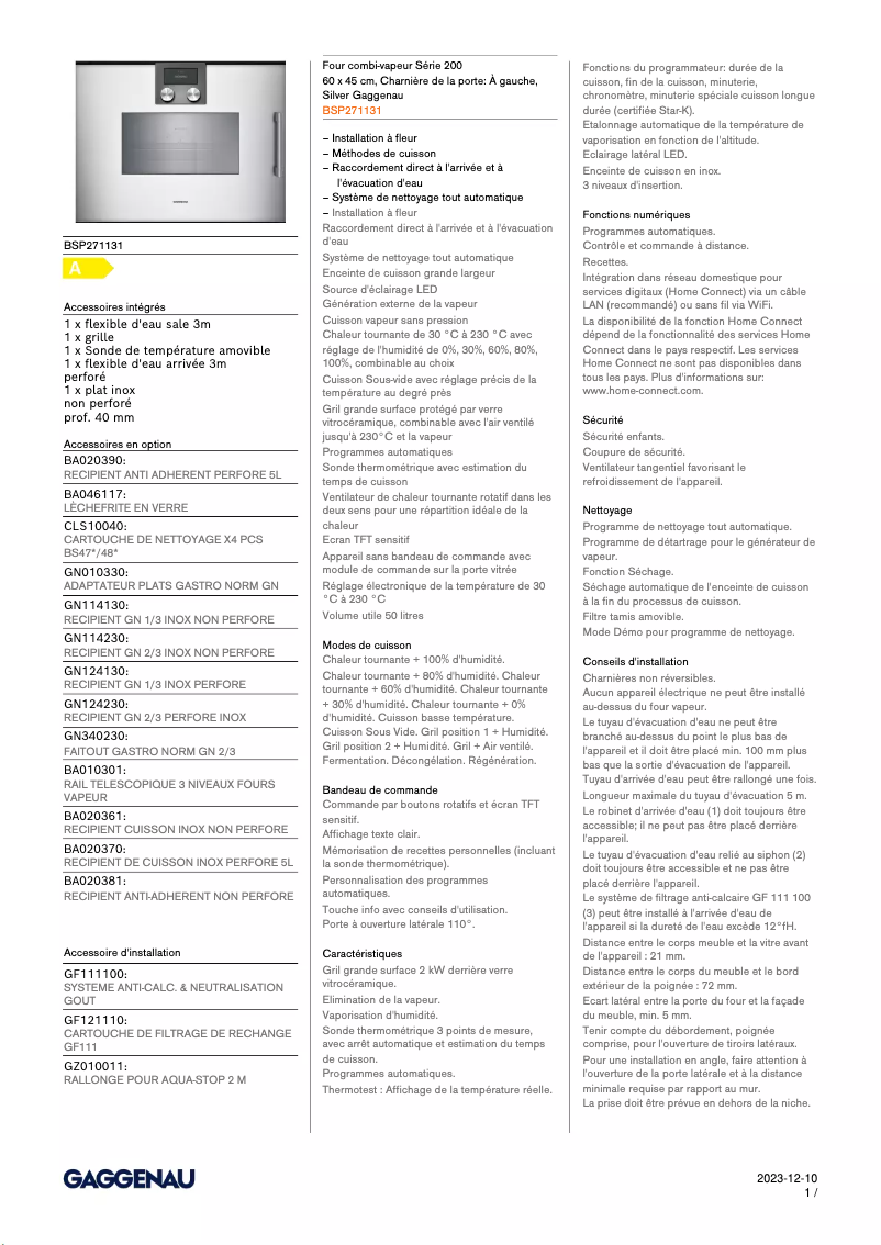 Page 1 de la notice Fiche technique Gaggenau BSP271131