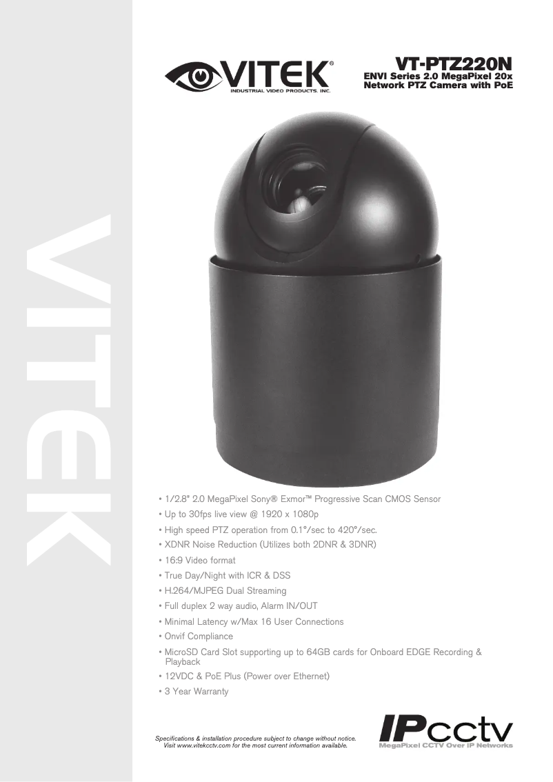 Image de la première page du manuel de l'appareil VT-PTZ220NP