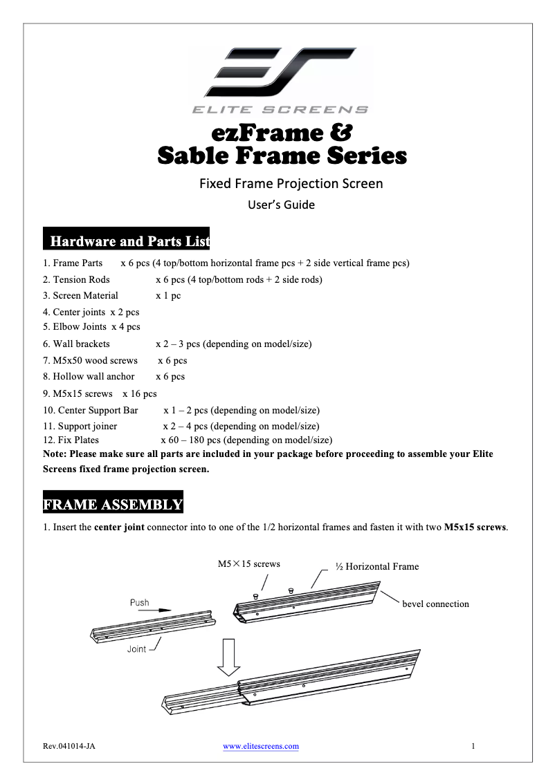 Page n°1 - Manuel utilisateur Elite Screens SableFrame ER100WH1