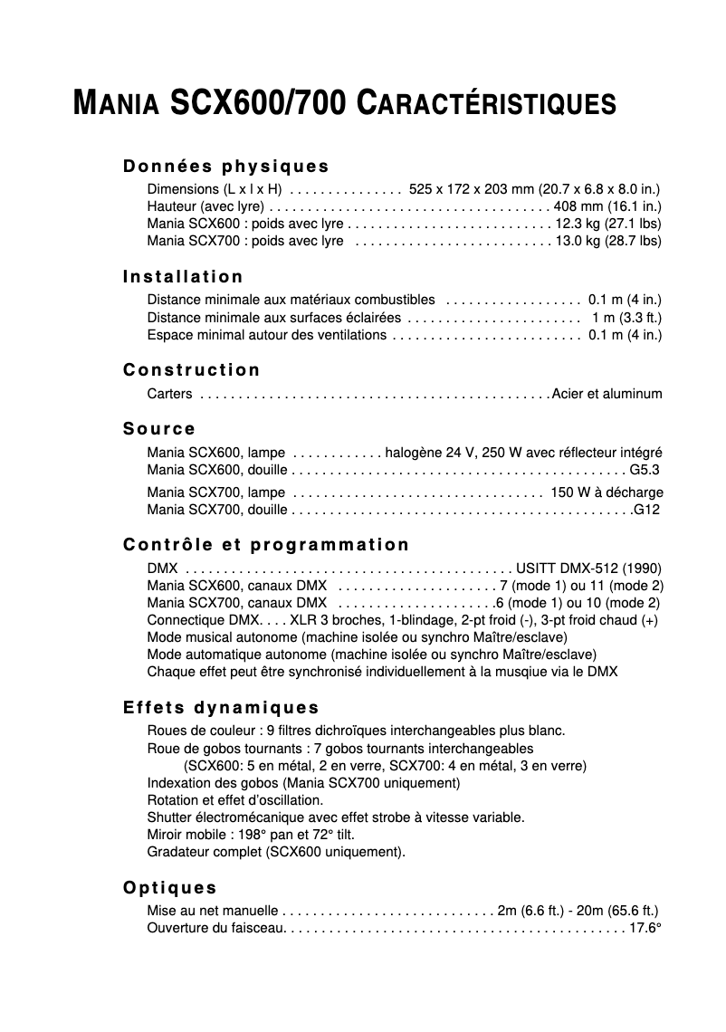 Page 1 de la notice Fiche technique Martin Mania SCX600